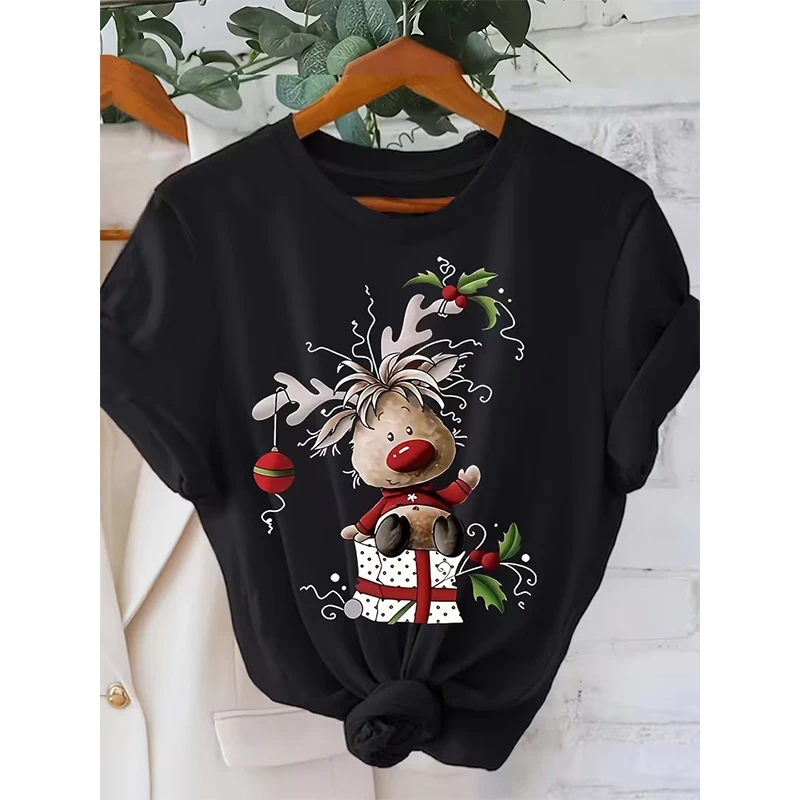 

Женская рождественская футболка с графическим принтом, повседневные футболки с короткими рукавами и круглым вырезом, футболка с праздничными оленями и праздничными мотивами