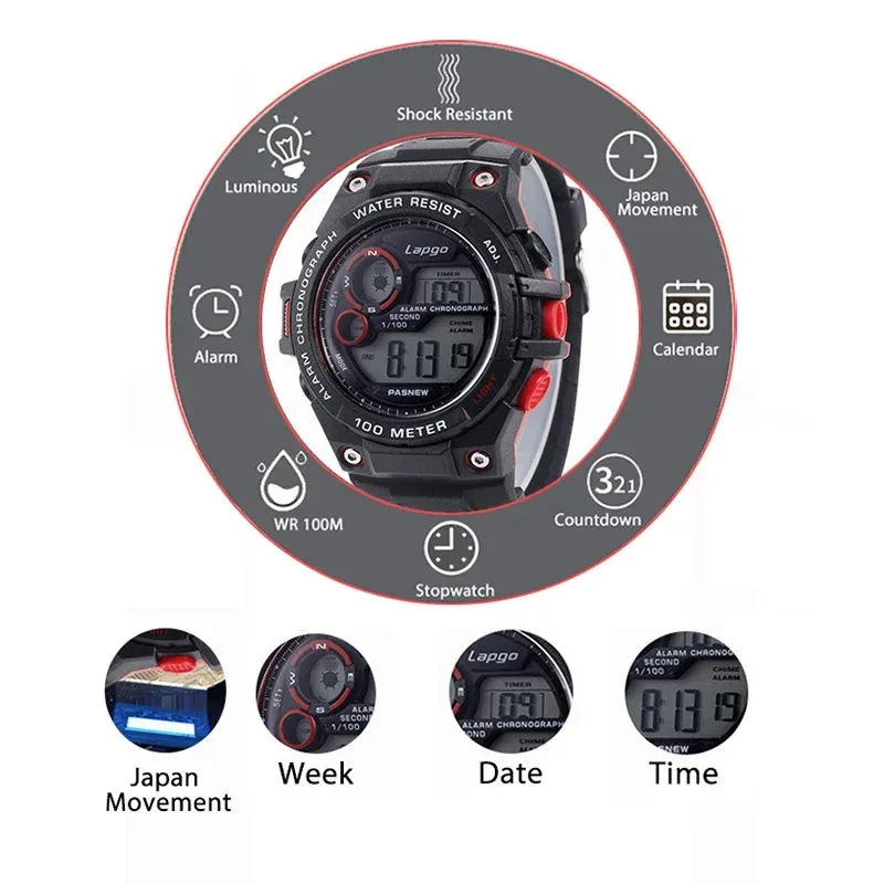 Waterproof Digital Watch Men Chronograph Large Electronic Handwatch Boy Diver Stopwatch Underwater Fashion Sport Wristwatch Male