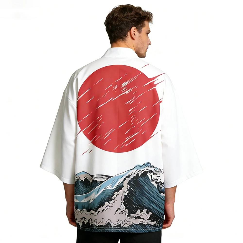 

2024, летнее пляжное кимоно с волнистым принтом, уличная одежда, традиционный кардиган, рубашка с рукавами 3/4, модное кимоно Haori, юката для мужчин и женщин