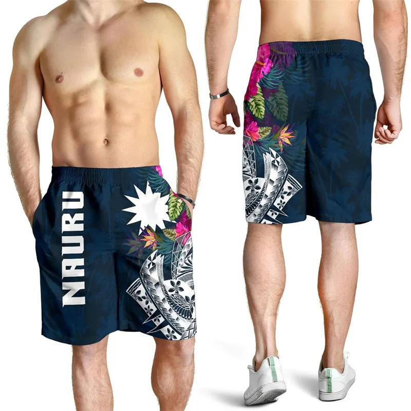 

Nauru Men's Shorts Hawaii Beach Short Trunks Summer Vibe Swim Gym Ice Boy Polynesian Floral Board Pants