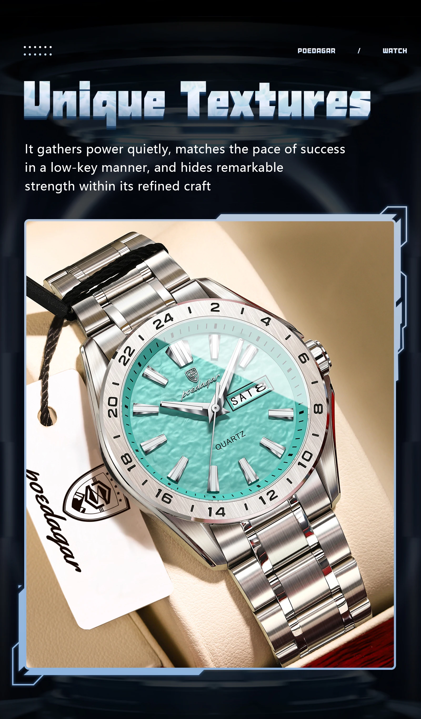 POEDAGAR Top-Mode Herrenuhr, Business, Leuchtend, Wasserdicht, Edelstahl, Herrenuhr mit Datum, Wochentag, Quarz, Sportuhr, Herrenuhren, Reloj – Detail 5
