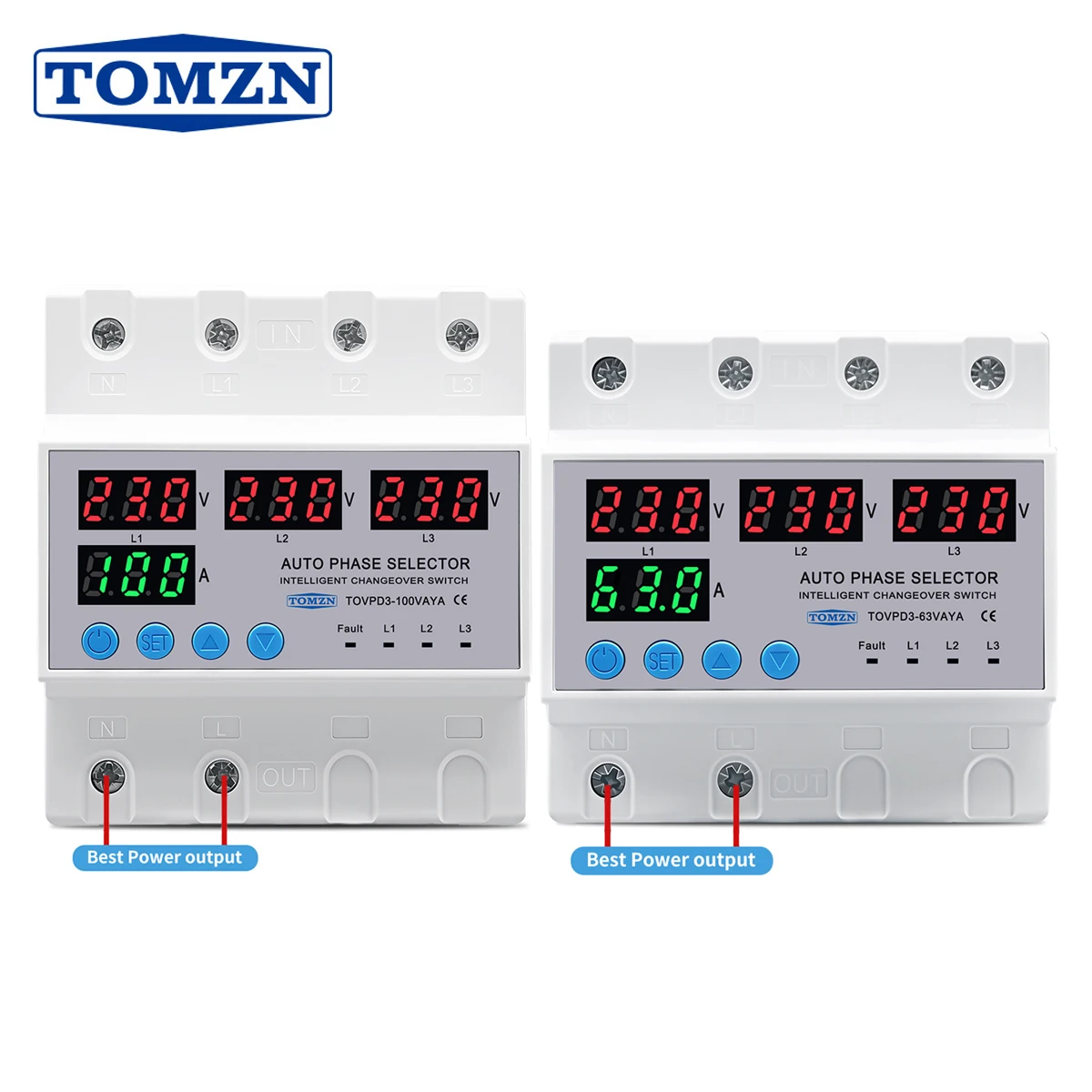 TOMZN 100A 63A 3 Phase 3P+N DIN Rail Phase Selector Adjustable Over and Under Voltage Current Protection Monitor Relay Protector