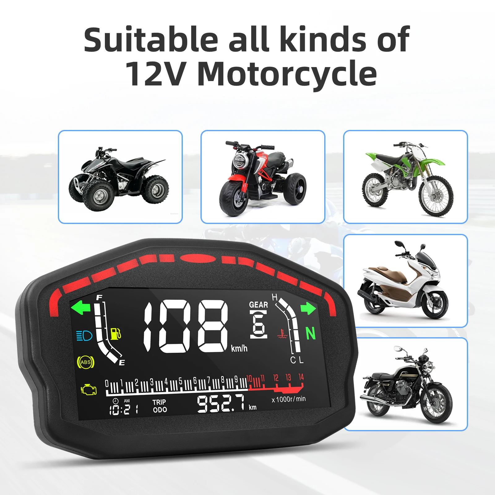 DC 12V Universel Moto LED Affichage Tachymètre Électronique