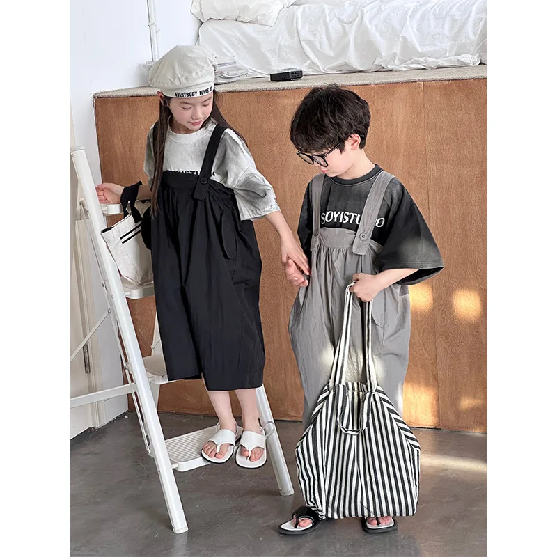 

Kid Pant Overall 2024 Summer New Children Wide-leg Suspenders Boys and Girls Thin Loose Suspenders 7 Point Pants Overalls