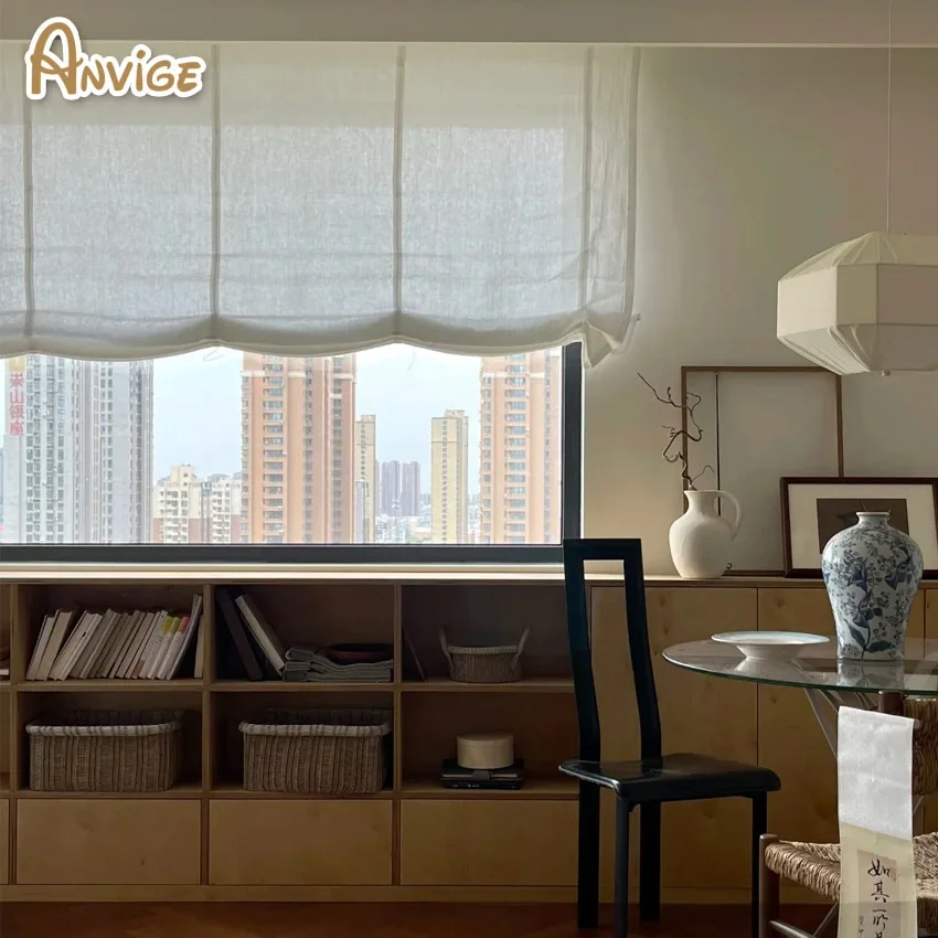 Modern Motorized Cotton Linen White Color Relaxed Roman Shades Customized Roman Blinds With Installation Included