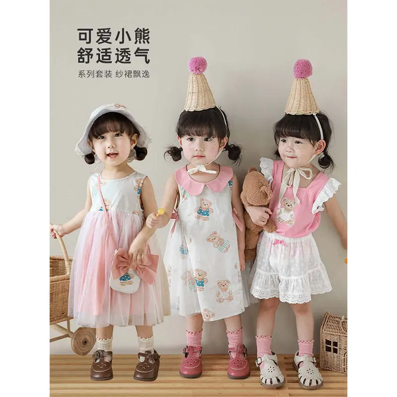 

Girls' Cute Little Bear Set 2023 Children's Korean Dress New Summer Top Shorts