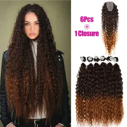 Synthetic Jerry Curly Hair Bundles 6PCS With 1 PC Lace Closure 28/30/32inch Black Brown Blond Hair Bundles Organic Fiber Weave
