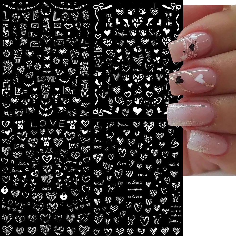 4 Sheets 3D Black White Love Heart Letter Nail Sticker Valentine’s Day Self-Adhesive Sliders Wraps DIY Decal Manicure Decoration