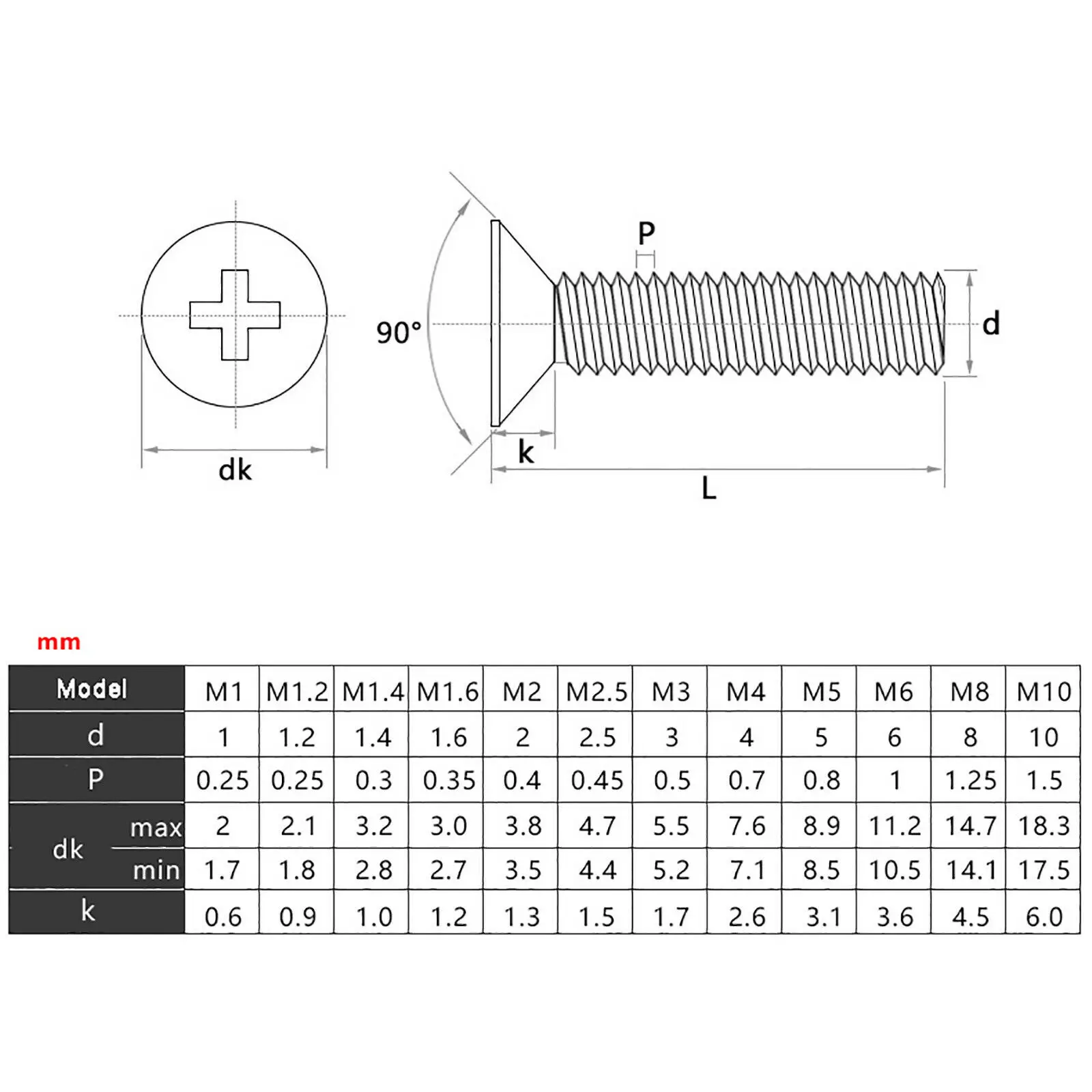 M1-M1.6 304 Stainless Steel Countersunk Head Phillips Screws  Flat Head Electronic Machine Screw Bolt Cross Recessed Screw Bolt