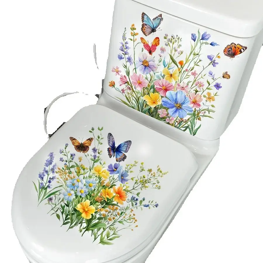 2PCS Fresh Flower & Butterfly Toilet Stickers Self-Adhesive Decals for Bathroom Toilet Tank Seat Home Decor