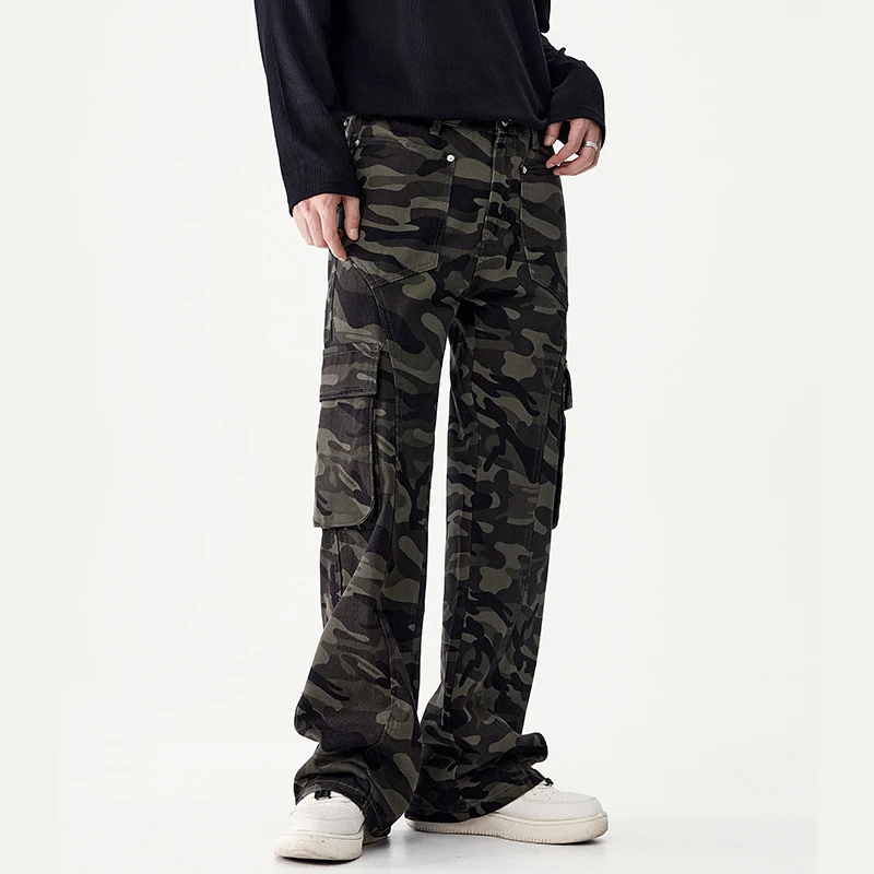 New Trendy Retro Design Camouflage Work Pants For Men With Multiple Pockets Loose Straight Leg Casual Pants