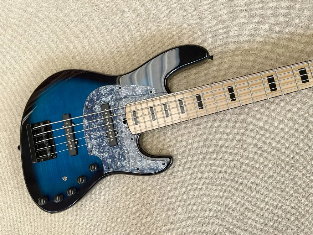 5 Strings Blue Body Electric Bass Guitar with Black Hardware,Flame Maple Veneer,Provide customized service