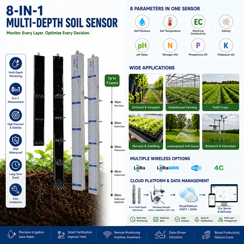 RS485 4G LoRawan Probe Electrode Soil Detector Integrated Temperature Humidity PH NPK EC Salinity Multilayer Soil 8 in 1 Sensor
