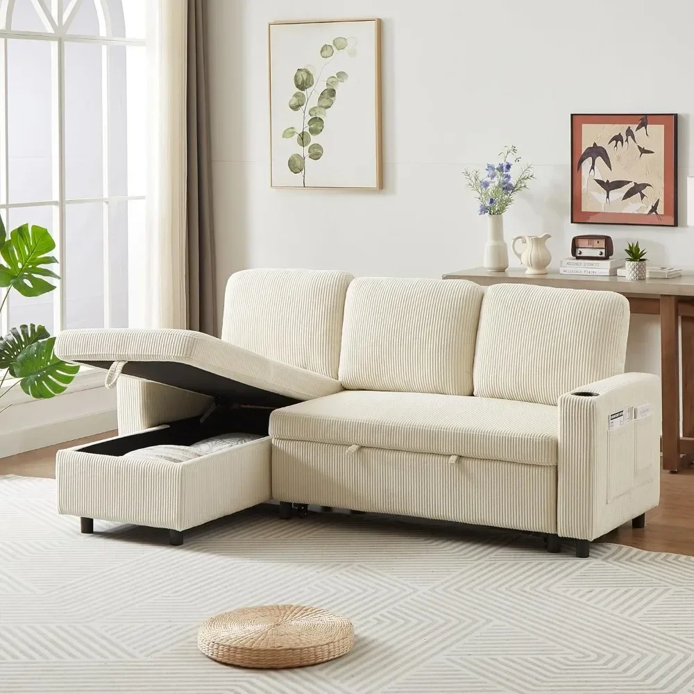 

78.5" Corduroy L-Shaped Convertible Combo Sofa Bed with Reversible Storage Chaise,Pull-Out Sleeper Sofabed with Side Pocke
