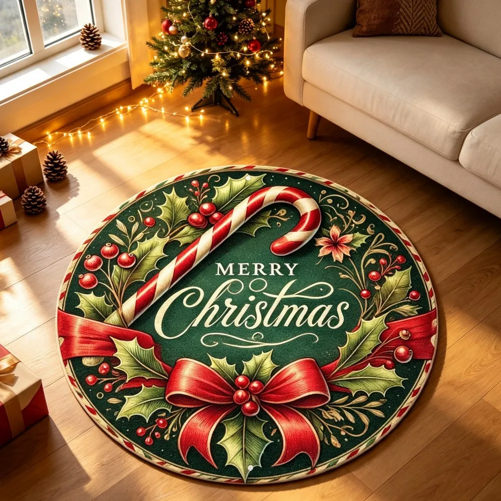 Green Christmas Candy Cane Round Area Rug Big Red Bow Circular Floor Mat Festive Winter Home Accent Carpet for Studio
