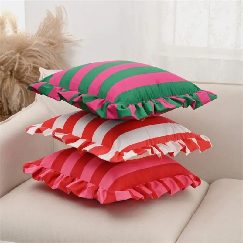 Fashion Ruffled Throw Pillow Cover Aesthetic Striped Pattern Square Cushion Case For Bed Sofa Decoration Accessory