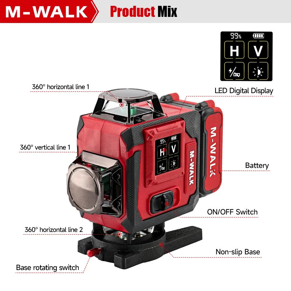 M-WALK Laser Level 16 Lines 4D Horizontal And Vertical Outdoor Self Leveling Green High-precision For Milwaukee 3.7V Battery Pin