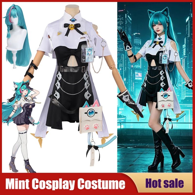 

﻿﻿ Anime Neverness to Everness Cosplay Costume Game NTE Mint Short Shirt High Waisted Skirt Combat Uniform Wig Ear Tail Full Set