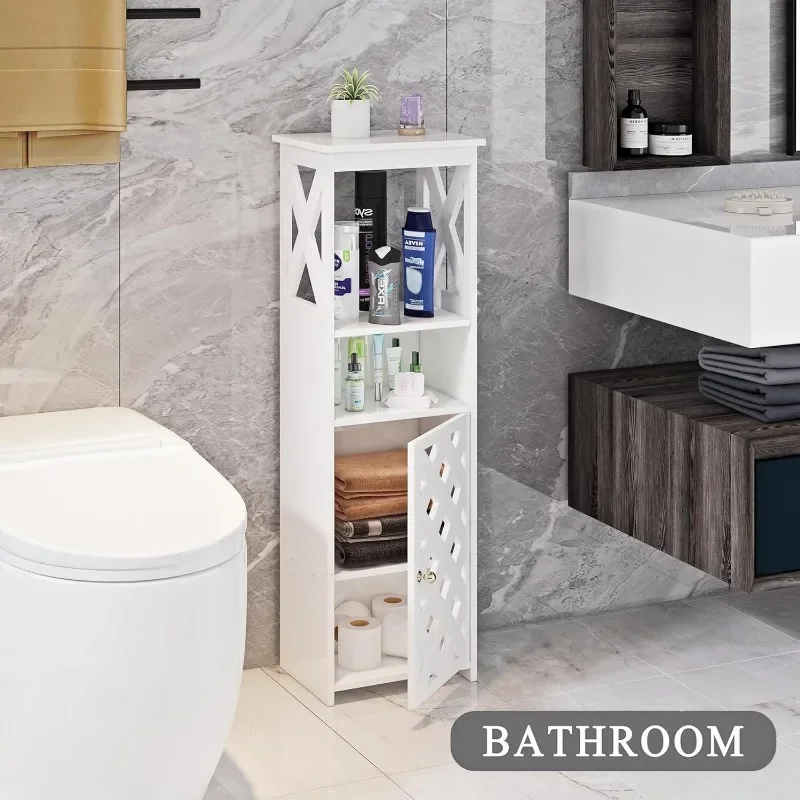 5-Tier Bathroom Storage Cabinet, White Bathroom Floor Cabinet Freestanding Organizer with Door and Open Shelf