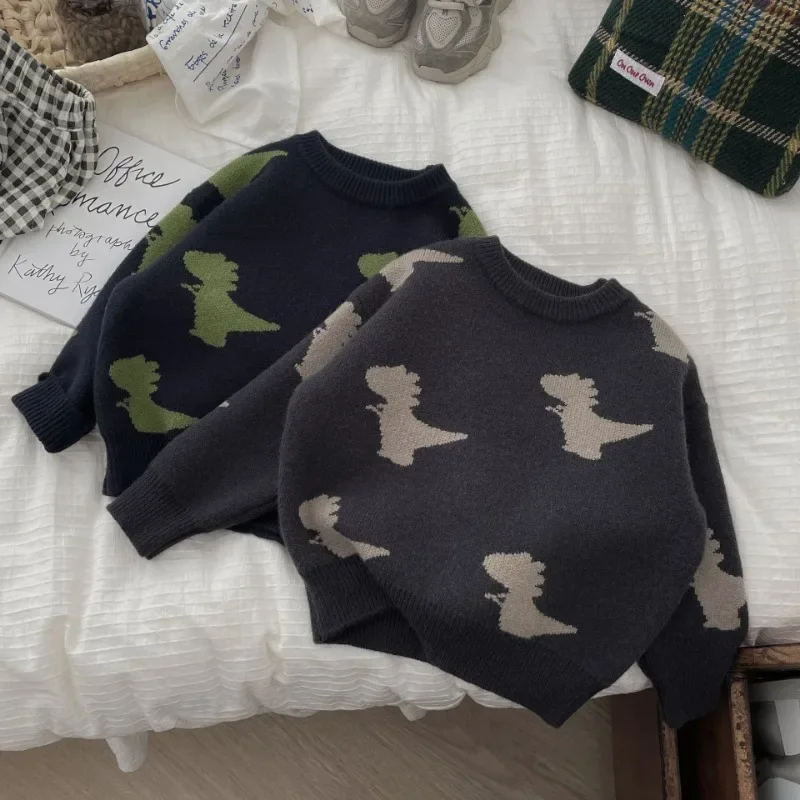 2024 Fall Winter Kids baby cartoon dinosaur jacquard sweater Korean style Boys and girls soft loose warm knit pullover