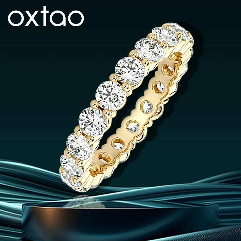 OXTAO Full Moissanite Ring 4mm D VVS1 for Women Sparkling Wedding Eternity Bands Ring Anniversary Jewelry Gifts 14K Gold Filled
