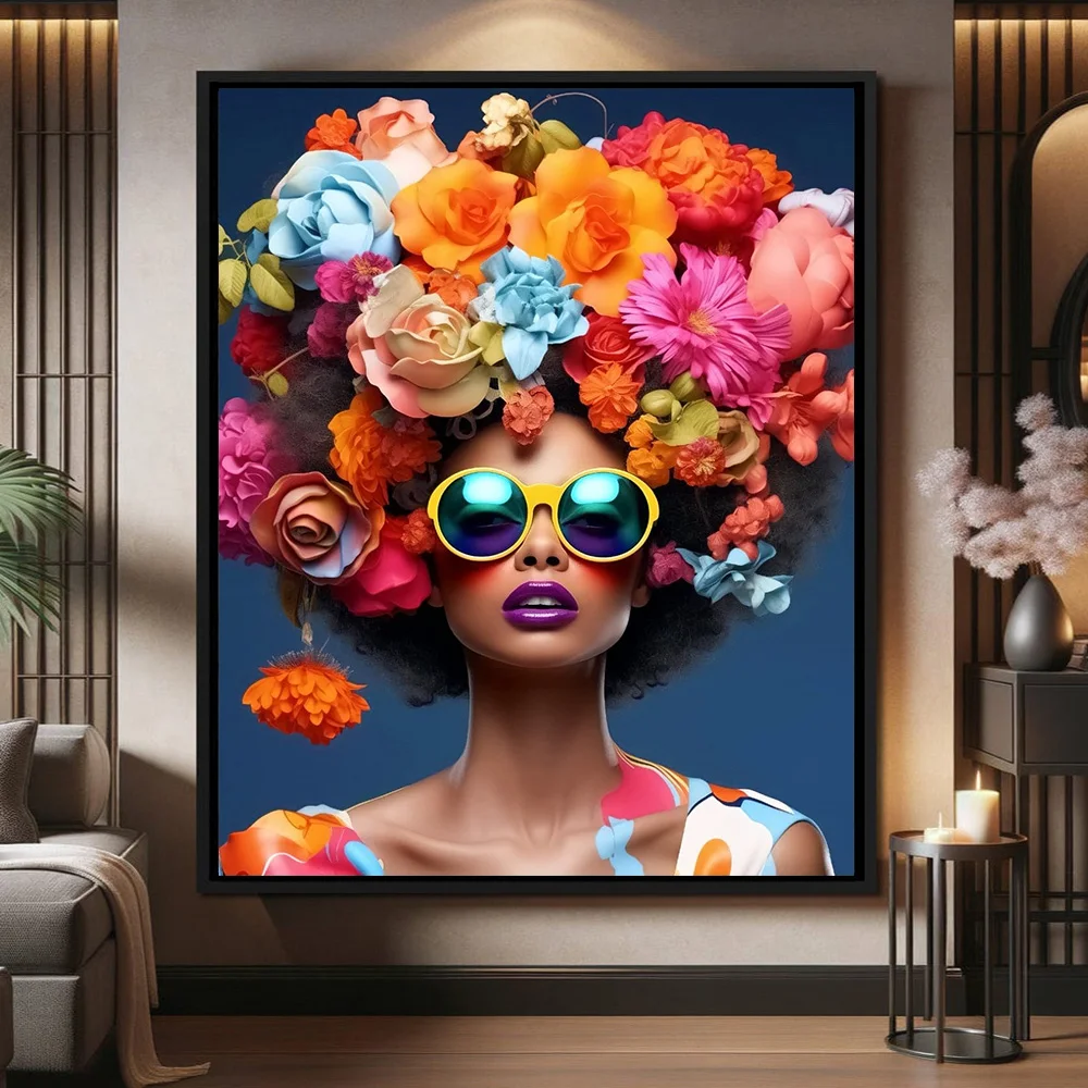 Abstract Fashion Sunglasses Female Ins Style Posters Nordic Style Colorful Flower Crown Female Canvas Painting Living Room Decor