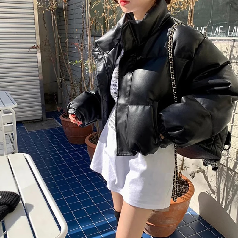 Chic Winter Vintage Stand Collar Bla Matte PU Leather Bread Coat Loose Warm ort Cotton Jaet Women's Faion Commute