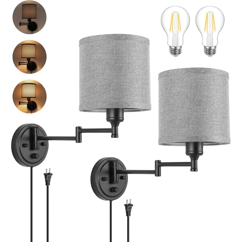Dimmable Plug-in Swing Arm Wall Sconces, Set of Two, Grey Fabric Shade, 2 Bulbs Included