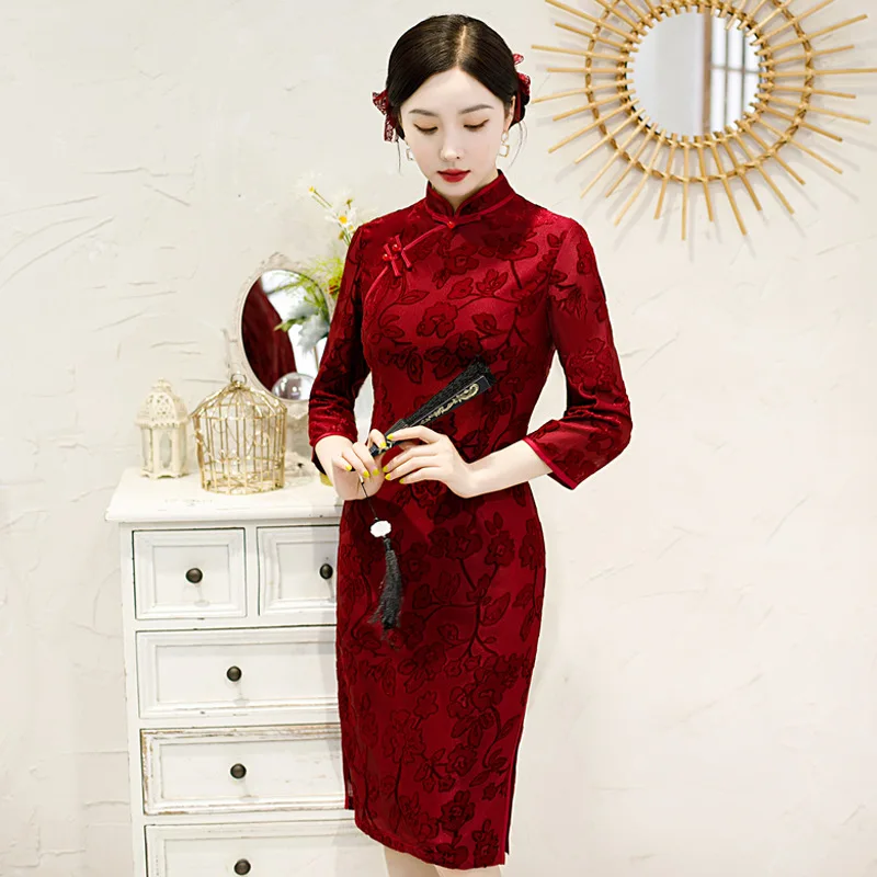 Autunm Winter New Women Chinese Traditional Qipao Lace Lady Embroider Party Dress Female Long Fork Mandarin Collar Cheongsam