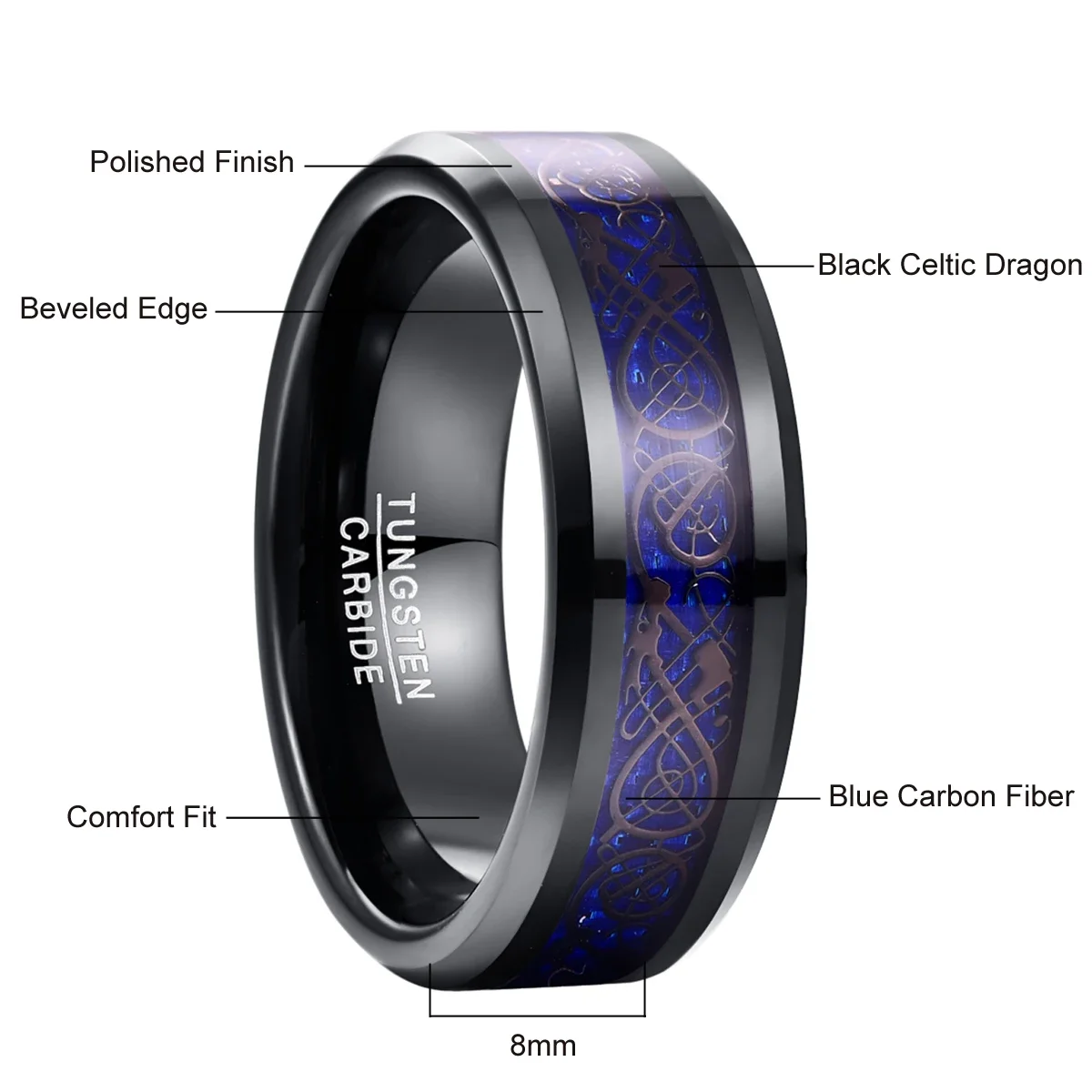 Nuncad 8mm Blue Dragon Tungsten Carbide Soul Mate Ring Men Jewelry Wedding Plating Black Rings Best Gift for Husband T159R