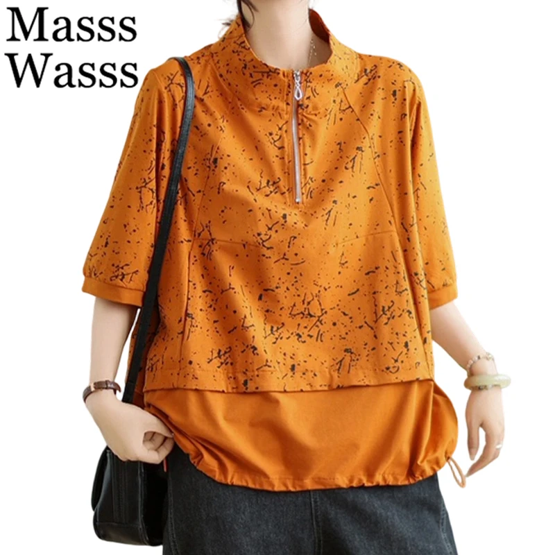 Masss Wasss British Design Vintage Leisure Tops Females Summer Fashion Loose Luxury Tee Shirts Womens Classic Patchwork Clothes