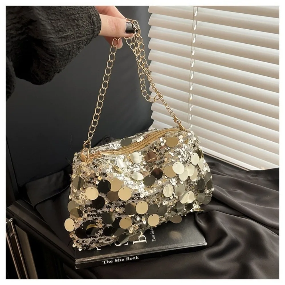 Portable Sequin Shoulder Bag Large Capacity Lightweight Chain Crossbody Bag Solid Color Female Handbag For Evening Party