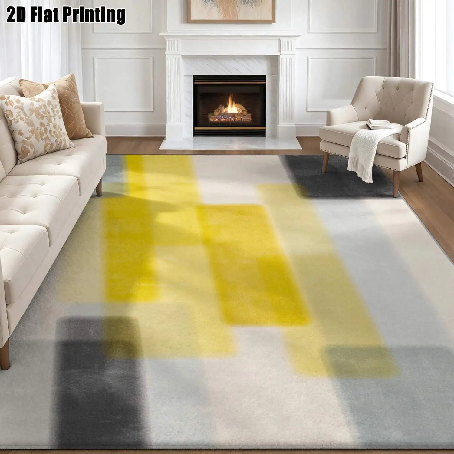 1Pc 2D Printed Carpet: Yellow-Grey Geometric Abstract Nordic/Instagram Modern Minimalist European Style, Machine Washable, Multi-Size, Suitable for Home Decor, Entrance/Dining/Foyer/Bedroom/Living Room Use