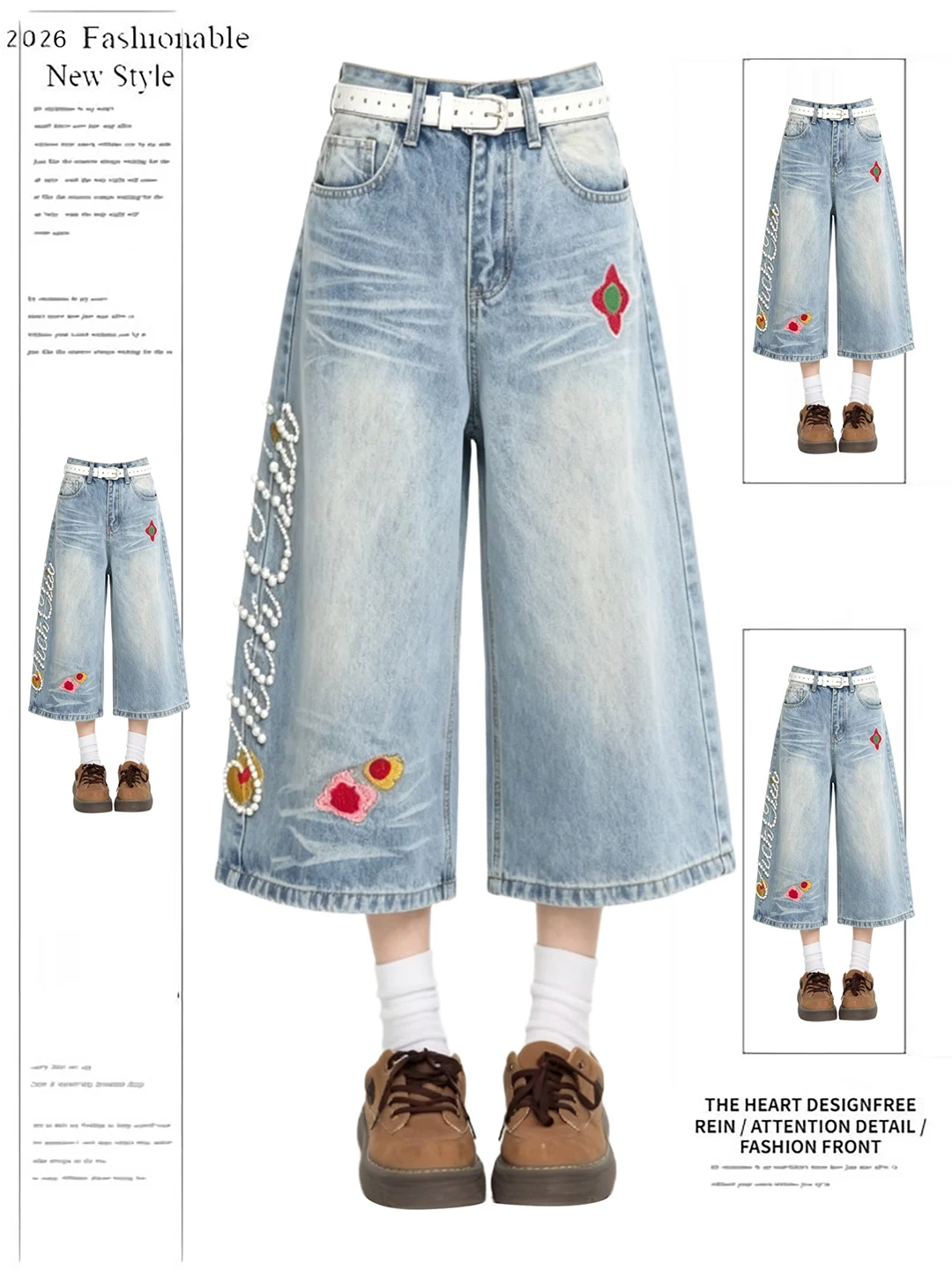 

Retro American Embroidered Beaded Knife Seven-Foot Women's Jeans Spring Summer Loose Wide Leg Short Pants Casual Wear