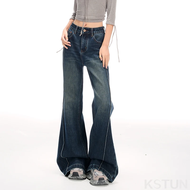 Bell-bottom Jeans For Women High Waisted Flared Pants Dark Blue Casual Trousers Stretchy Vintage Stripes Office Lady Mom Jeans