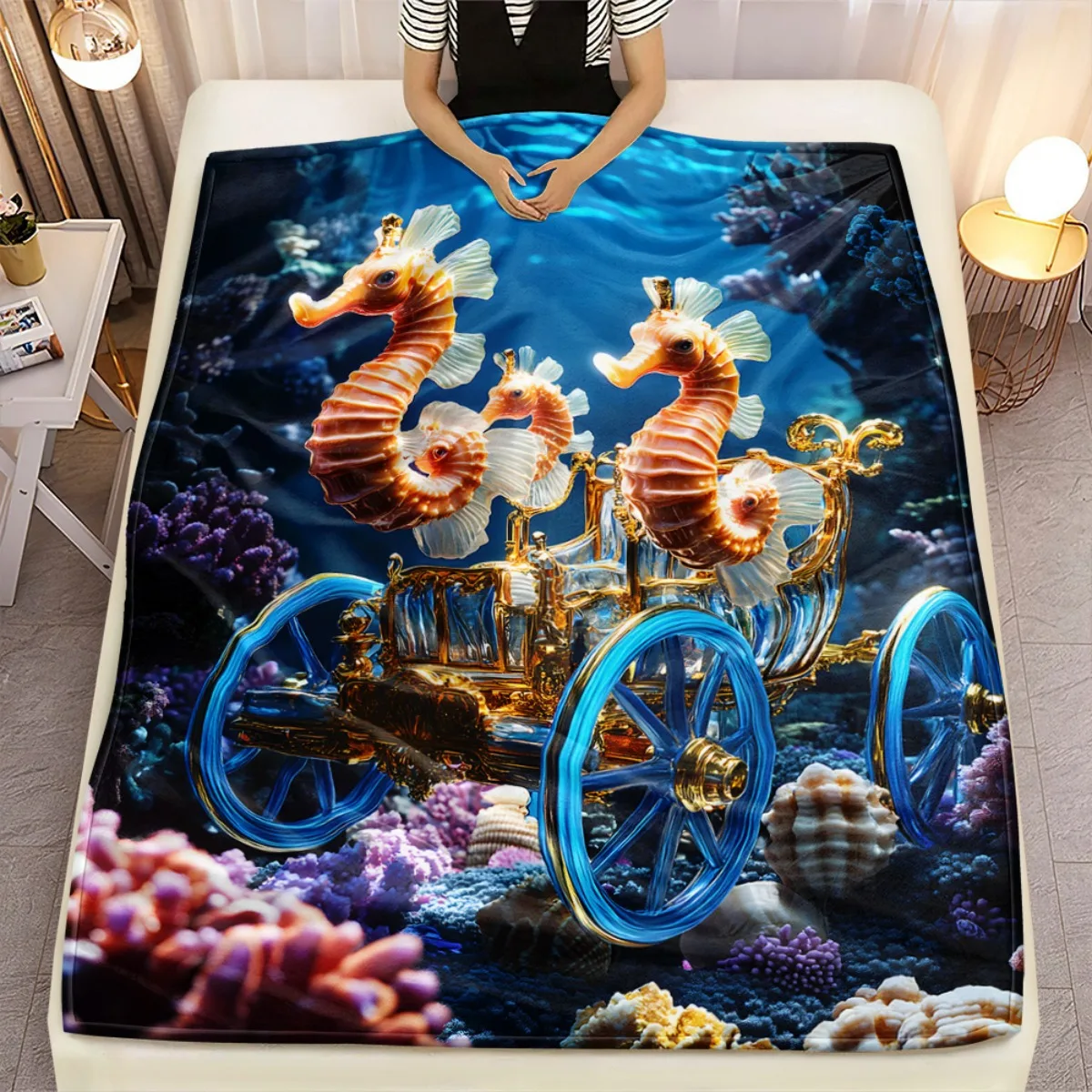 Underwater seahorse carriage coral reef ocean fantasy golden cart blue wheels magical sea creature flannel blanket bedroom wall
