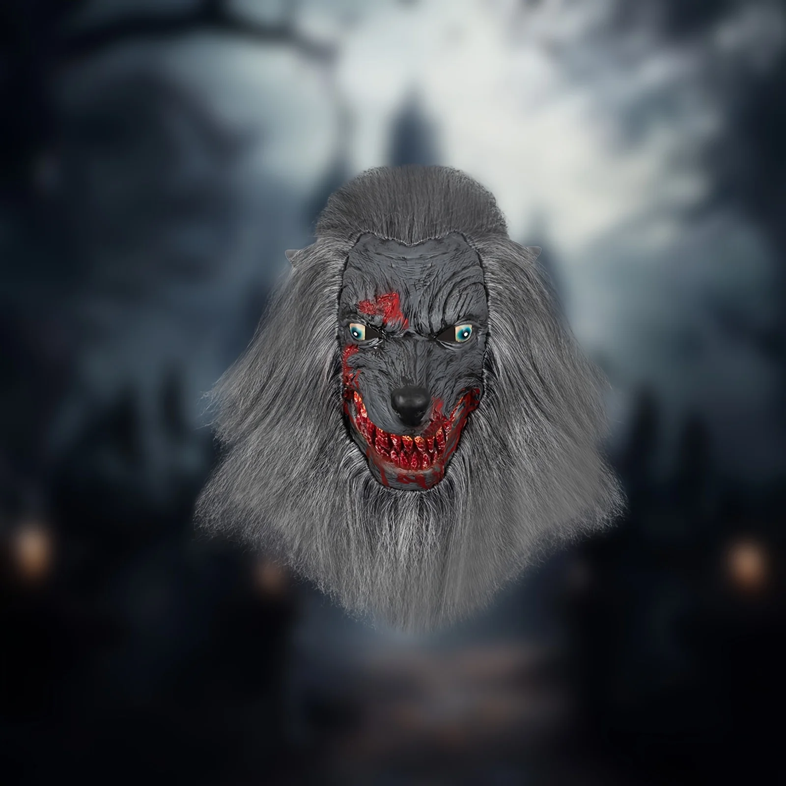 Máscara de Látex de Hombre Lobo con Pelaje Gris - Máscara de Lobo Sangrienta y Aterradora para Halloween, Carnaval, Festivales de Música y Regalos de Broma