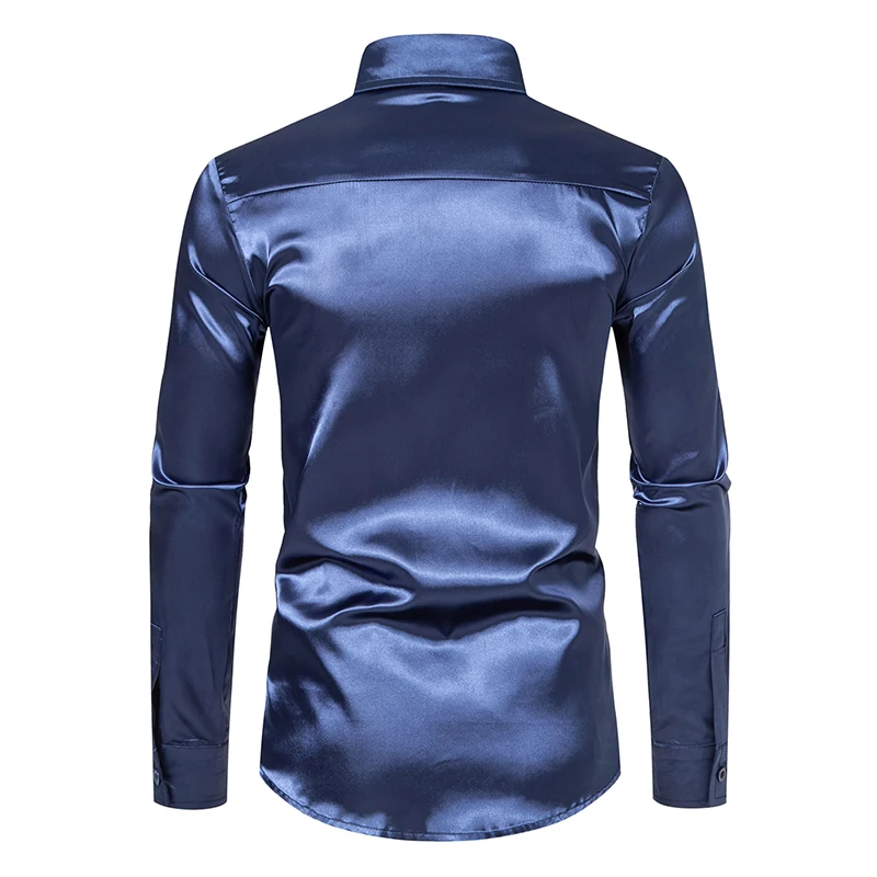 Men's Luxury Shiny Silk Like Satin Dress Shirts Long Sleeve Casual Smooth Tuxedo Shirt Wedding Groom Party Prom Shirt Navy 2XL