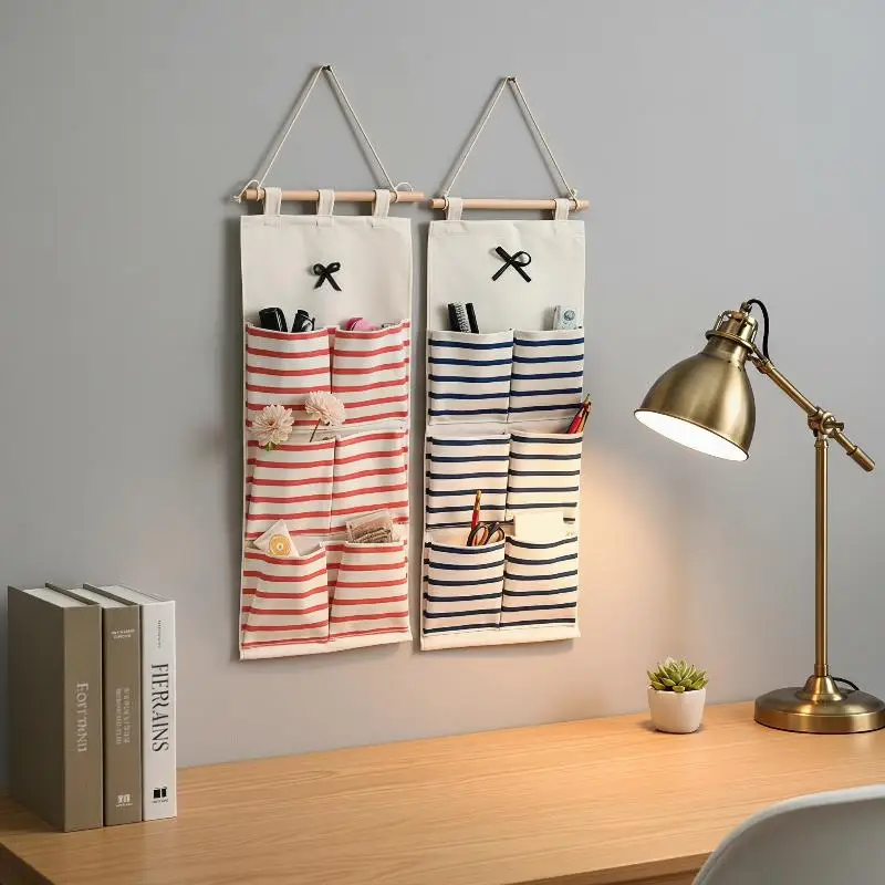 Cotton Linen Hanging Wall Organizer with Sturdy Hooks 6/8 Pockets for Bedroom Dorm Sundries Storage