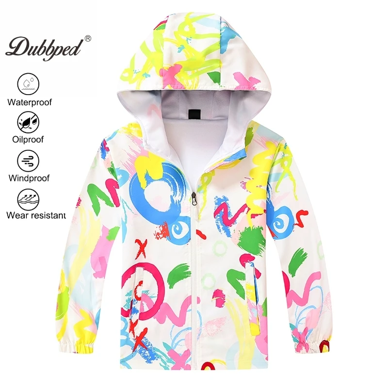 Dubbped Boys Girls Graphic Hooded Jacket Waterproof Windproof Zipper Coat Kids Spring Clothes 3-12Y