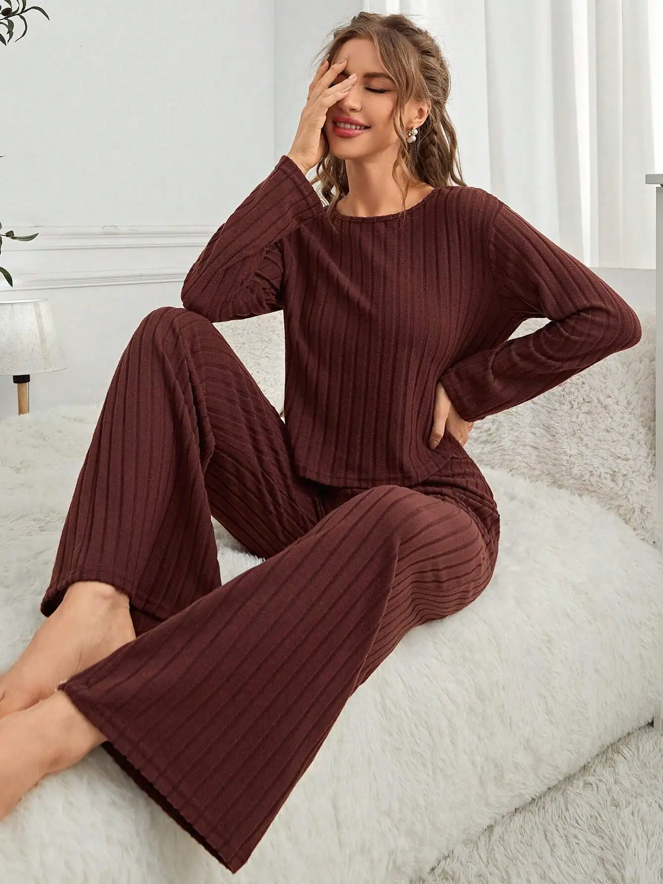 

Women's Burgundy Ribbed Knit Pajama Set Long Sleeve Top & Wide Leg Pants Cozy Lounge Wear Fall Winter