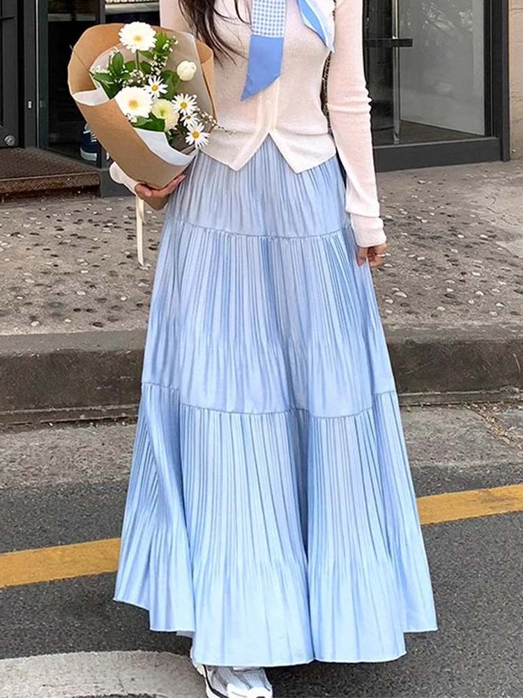 

Chic High Waist Slimming Pleated Long Knee-Length A-Line Pure Color f-length Women's Skirt Commute Sle Polyester Fiber