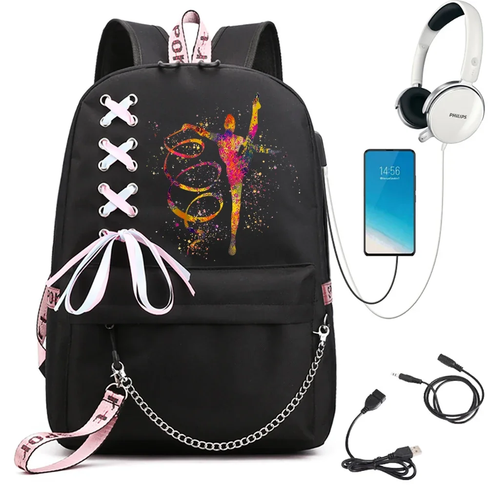 Dance Girl School Bag for Teenager Girls Mochila Watercolor Gymnastics Girl Bagpack Usb Port Kawaii School Backpack Bag Rucksack