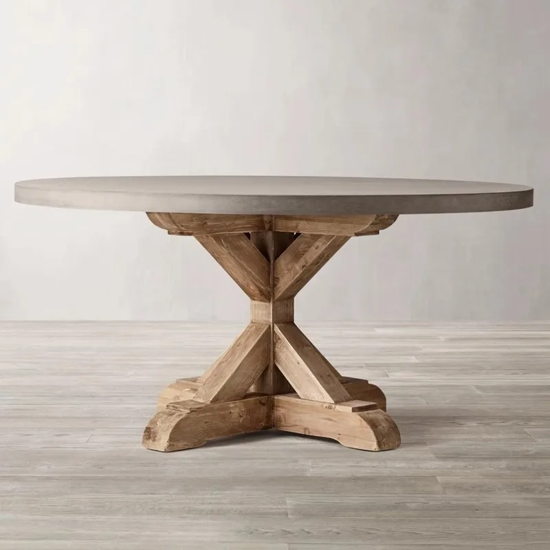 

Solid wood dining table imitation cement color retro round table villa model room table