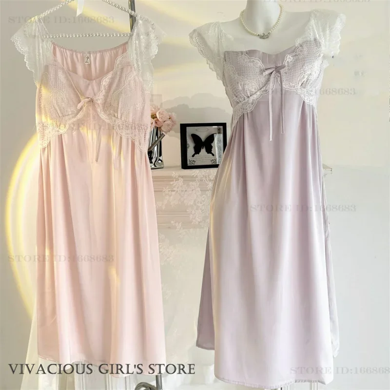 

Spring Summer New Nightgown Home Dressing Gown Sexy Patchwork Lace Nightdress Sleepwear Loose Casual Ice Silk Nightie Loungewear