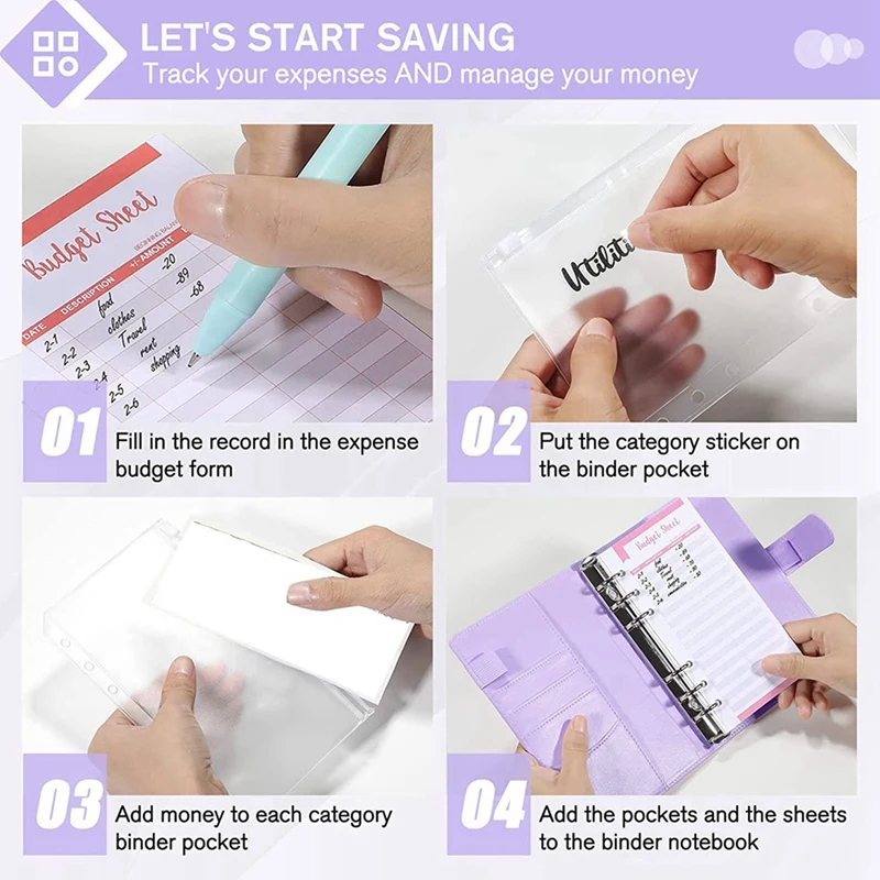 2 classeurs de budget A6 avec enveloppes à fermeture éclair, livre de planificateur budgétaire, organisateur d'économie d'argent, enveloppes d'argent violettes