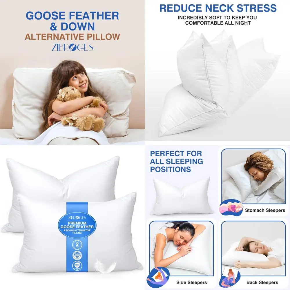 

Пара подушек из гусиных перьев королевского размера — хлопок с нитью 600, плюшевый полиэстеровый наполнитель для комфортного сна