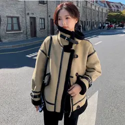 Lamb Wool Coat Women 2025 New Locomotive Short Autumn Winter All-match Plus Velvet Thick Fur Lamb Wool Colorblock Casual Jacket