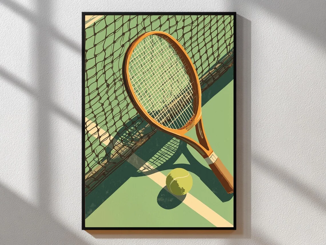 Vintage Tennis Poster | Retro Sports Wall Art | Mid-Century Racket, Ball & Net Illustration | Retro Color Palette | Classic