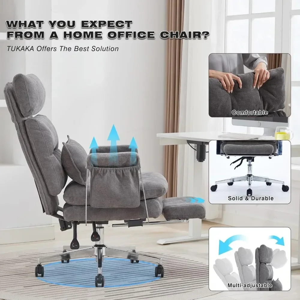 office chair.Big and Tall Fabric Computer Chair,Full Stainless Steel Comfy Ergonomic Home Office Chair with Foot Rest,Chenille